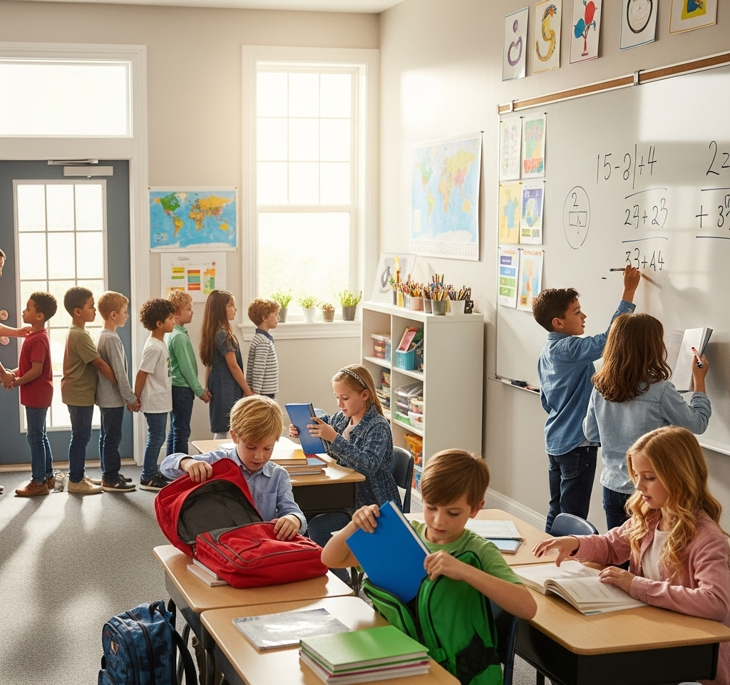 An image depicting a person giving directions inside a classroom